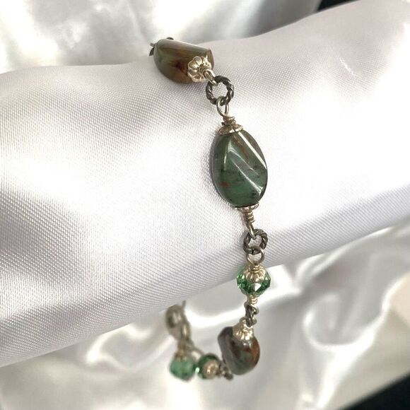 MK# Green & Brown Agate & Sterling 925 Silver Bracelet - Picture 1 of 9